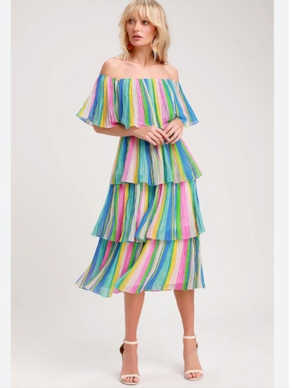 Lulu's multicolored striped pleated tiered off the shoulder midi dress